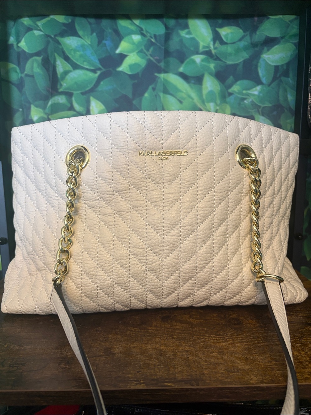 Karl Lagerfeld Cream Quilted Tote with Gold Chain Handles
